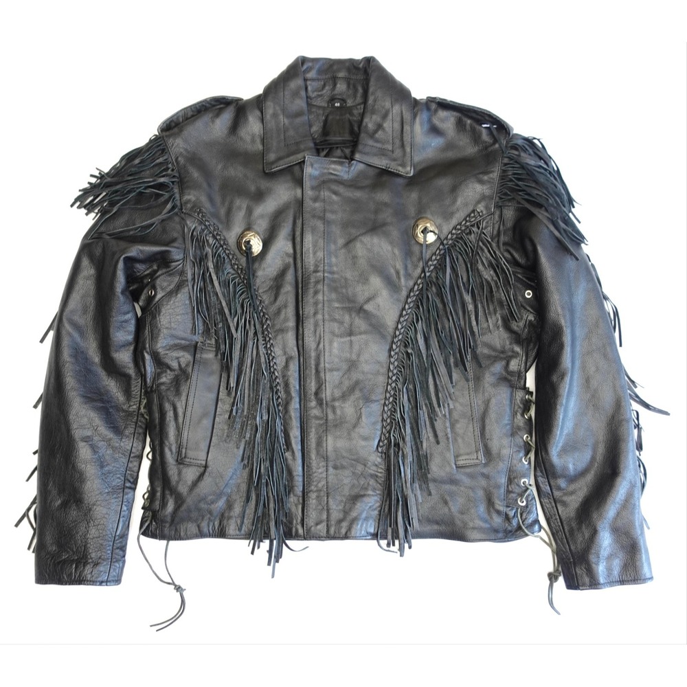 UNIK Leather Jacket Mens 48 Black Fringe Motorcycle Biker Laced Sides Conchos